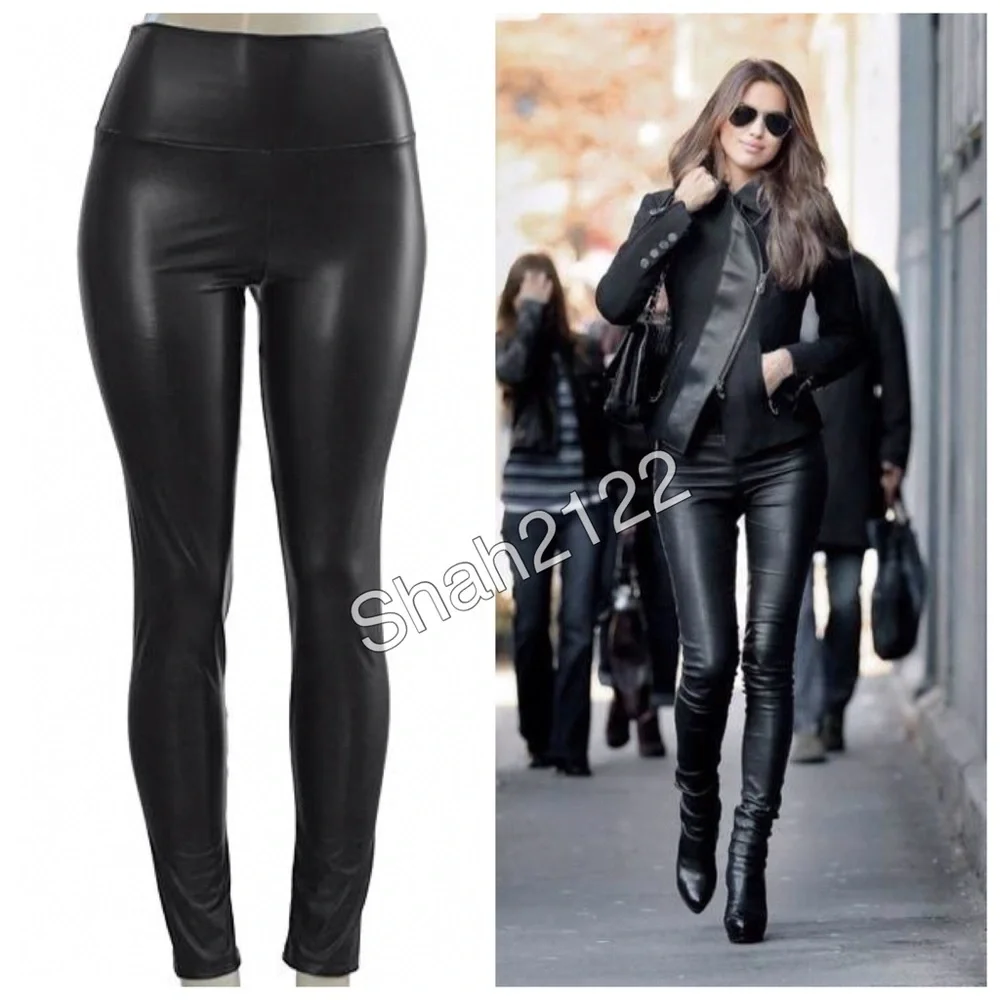 Black Leather Leggings High Waist Tummy Control - Picture 3 of 5